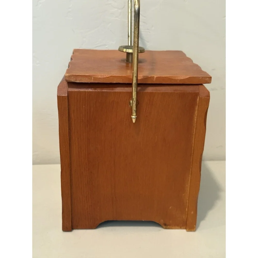 Vintage Wood Ice Bucket with Top Lid Wooden metal handle Eagle Stars Gold Accent